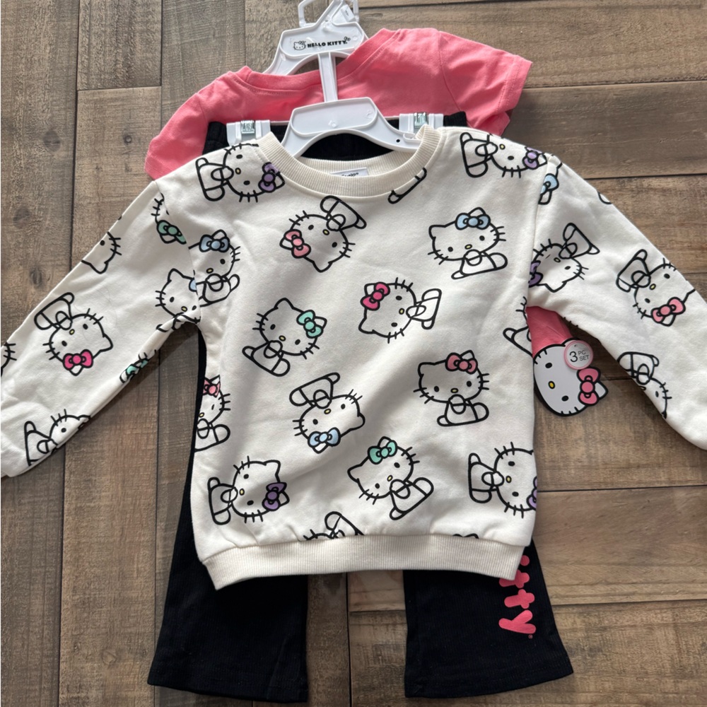 Hello Kitty Girls 3T 3 Piece Set Pink T-Shirt, White Sweatshirt, Black Pants